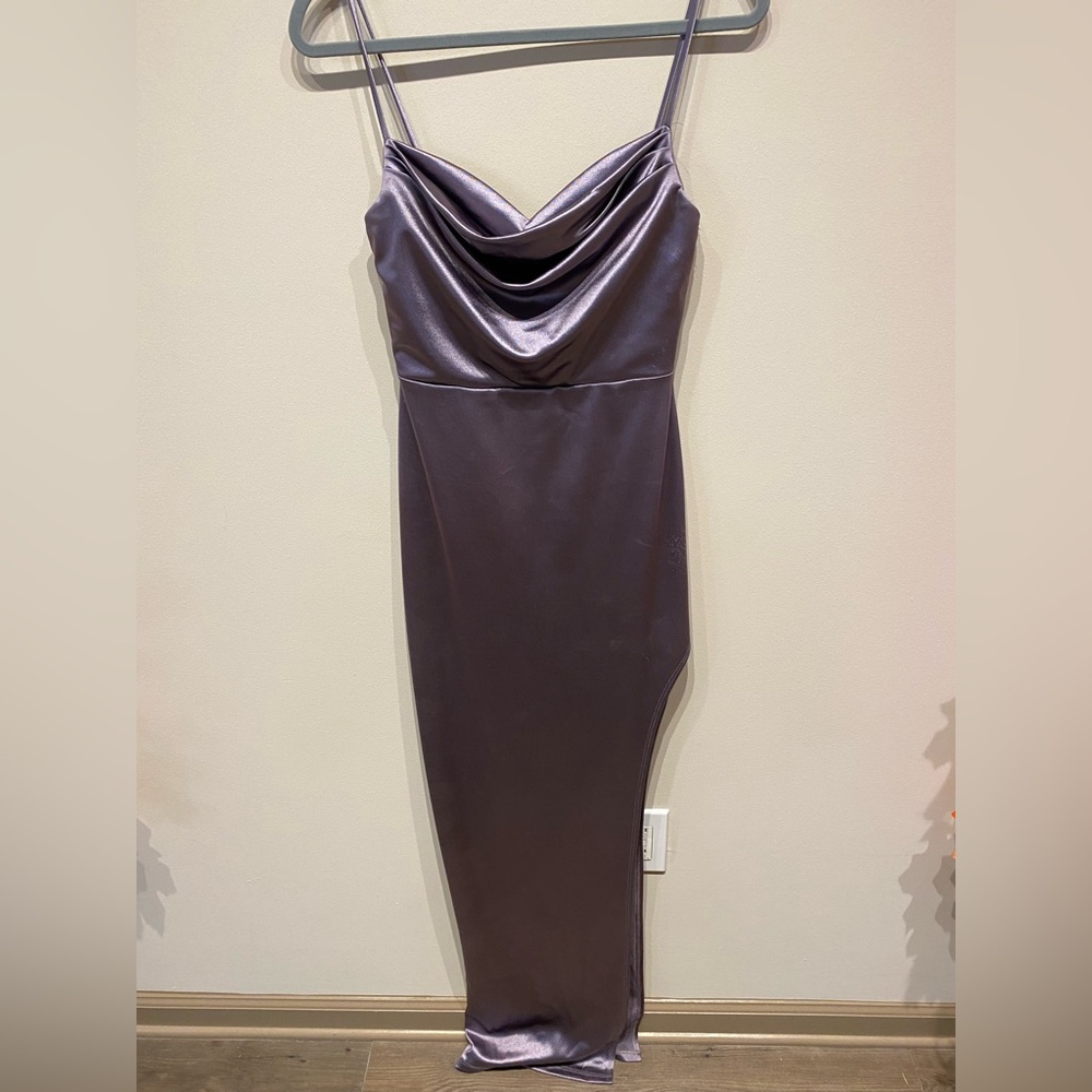 Satin purple full length dress with slit up the side